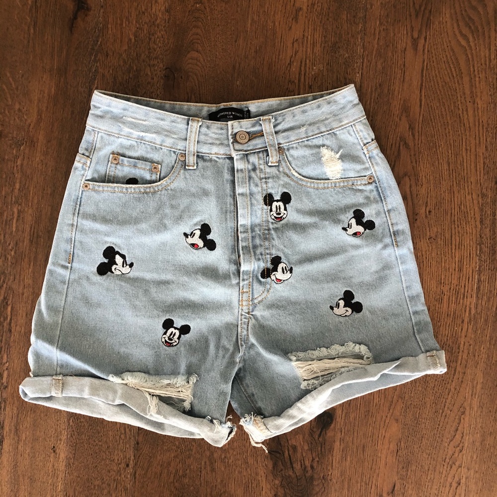 Embroidered Mickey High Waist Denim Shorts